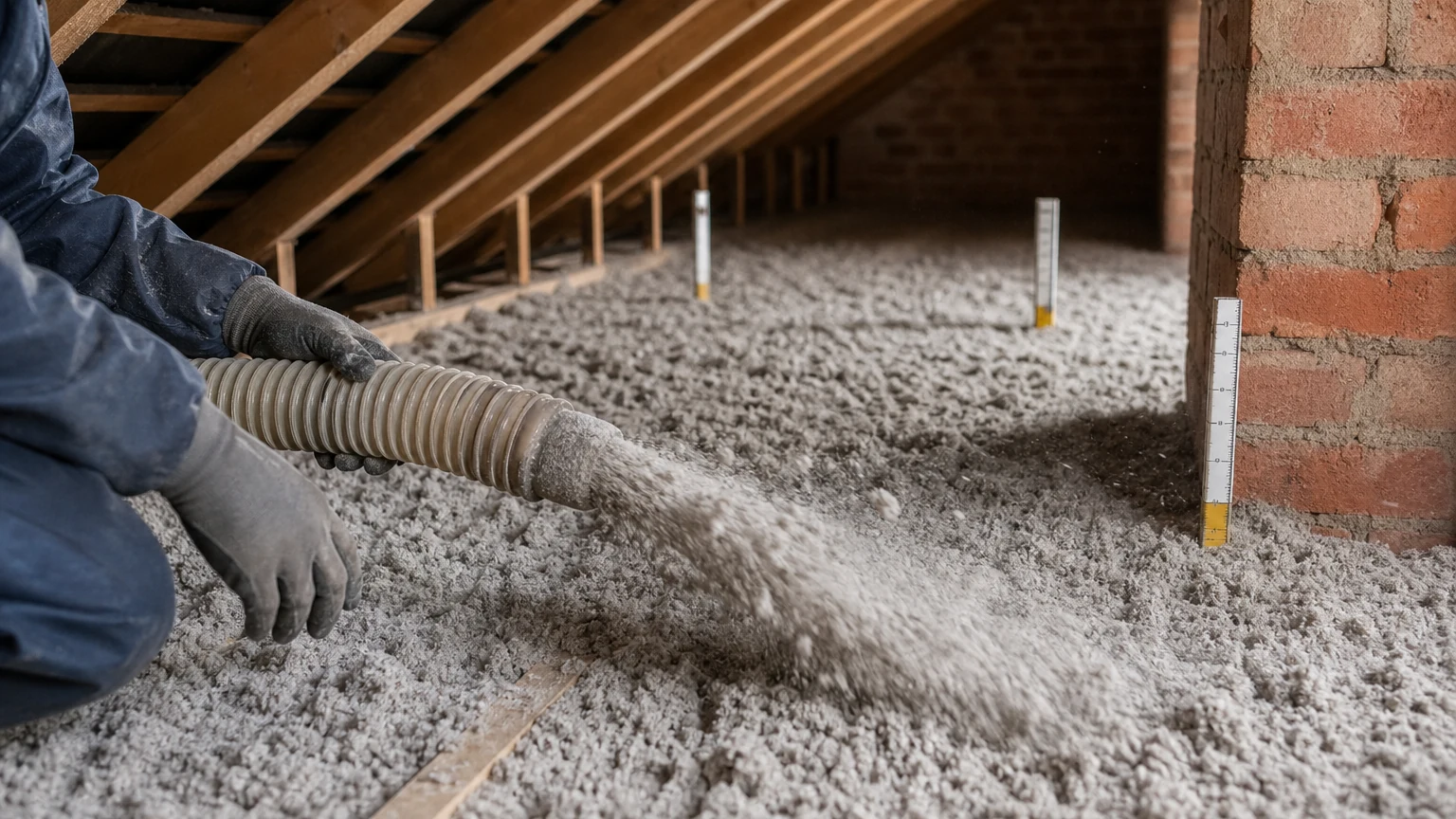 Soufflage régulier de fibres isolantes dans des combles de Flandre intérieure