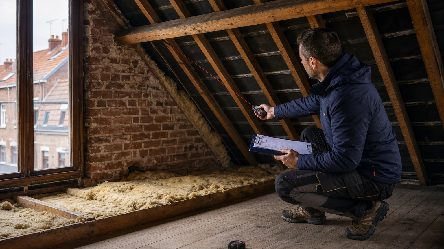 Professionnel mesurant des combles anciens dans une maison de Roubaix