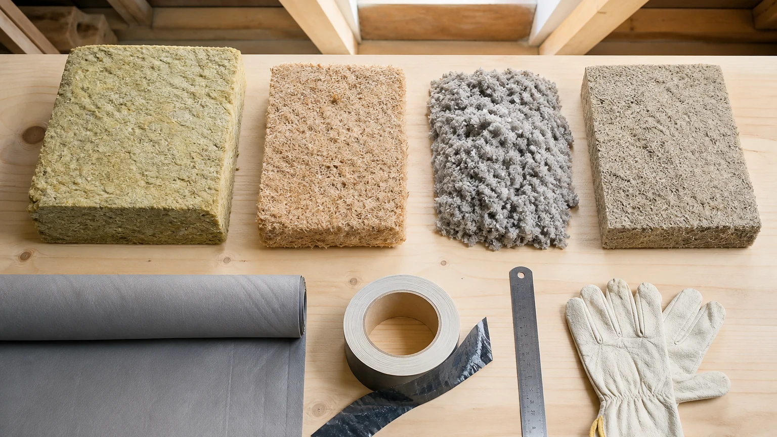 Échantillons de laines minérales, ouate, chanvre et fibre de bois pour des combles