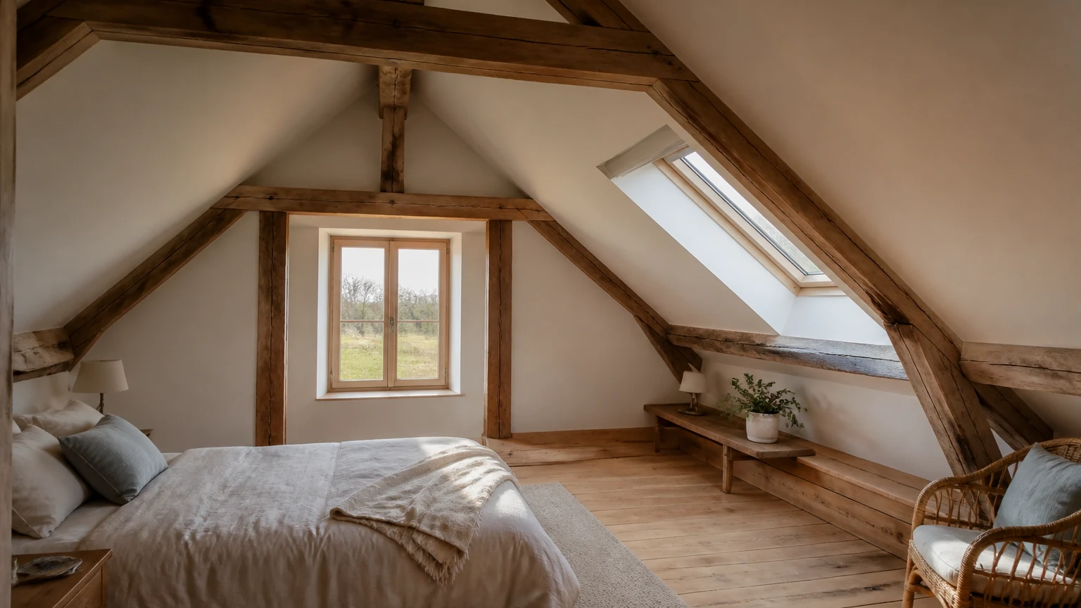 Pièce sous combles aménagés dans une ferme rénovée de l’Avesnois